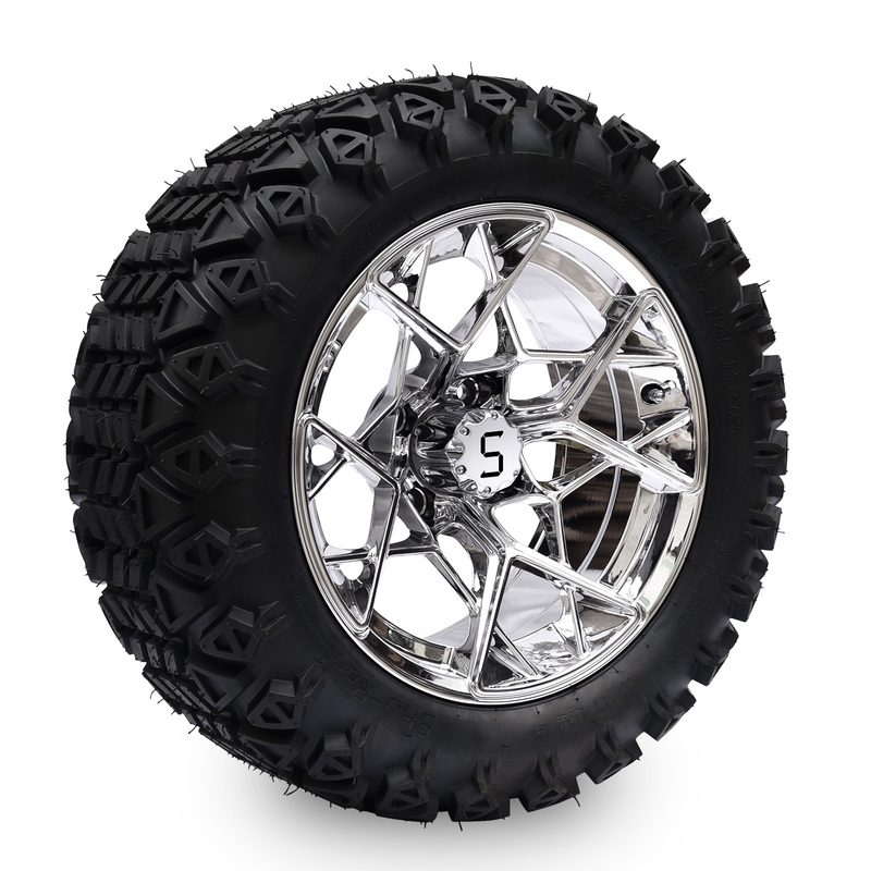 Opony terenowe do wózków golfowych Shu-Ran Golf Cart Warrior 23x10.5-14 i chromowane felgi 14 cali
