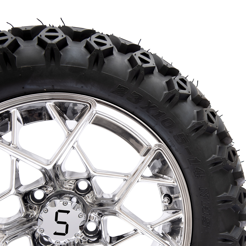 Opony terenowe do wózków golfowych Shu-Ran Golf Cart Warrior 23x10.5-14 i chromowane felgi 14 cali