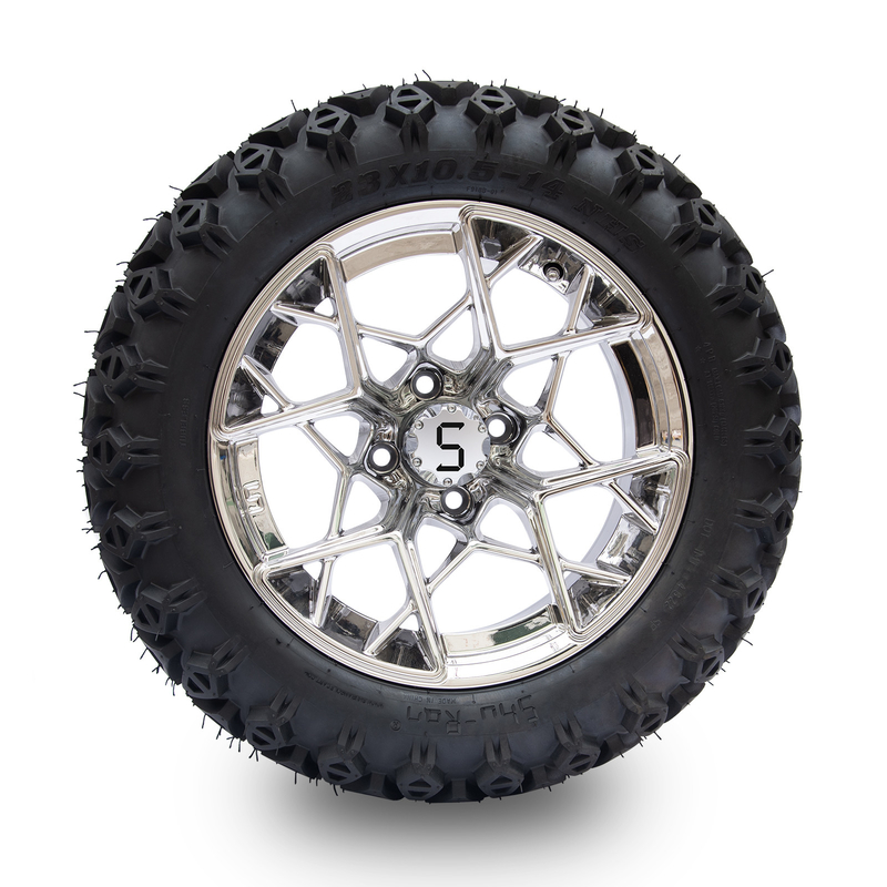 Opony terenowe do wózków golfowych Shu-Ran Golf Cart Warrior 23x10.5-14 i chromowane felgi 14 cali