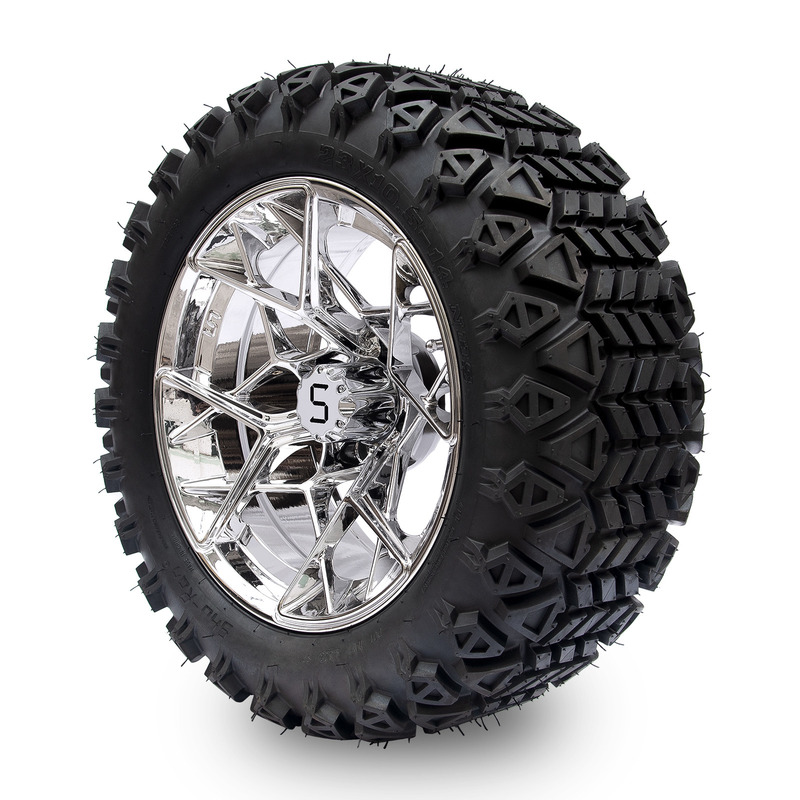 Opony terenowe do wózków golfowych Shu-Ran Golf Cart Warrior 23x10.5-14 i chromowane felgi 14 cali