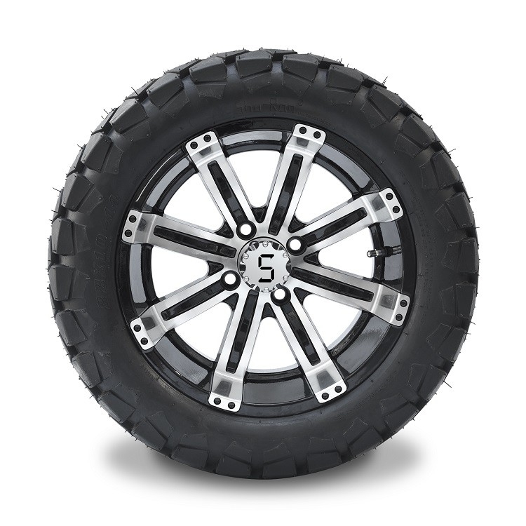 Zestaw koła aluminiowego 14'' do wózka golfowego i opony terenowej 22x10-14 DOT - Obrabiane/Błyszcząca czerń