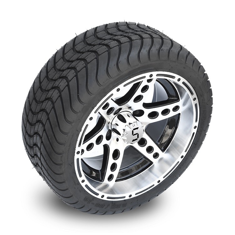 Wózek golfowy 14'' Obrabiane/Czarne aluminiowe felgi 6-ramienne i opony uliczne 225/30-14 w zestawie