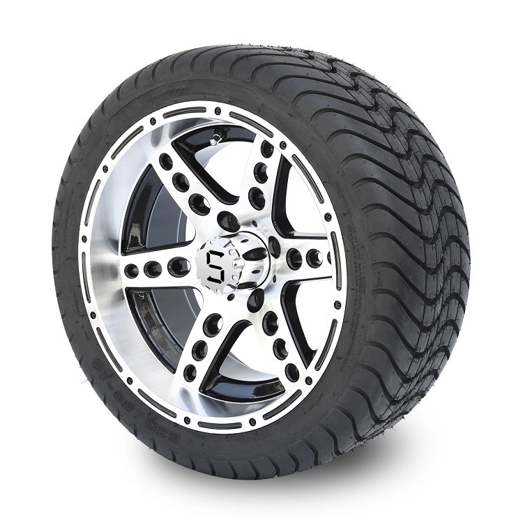 Wózek golfowy 14'' Obrabiane/Czarne aluminiowe felgi 6-ramienne i opony uliczne 225/30-14 w zestawie