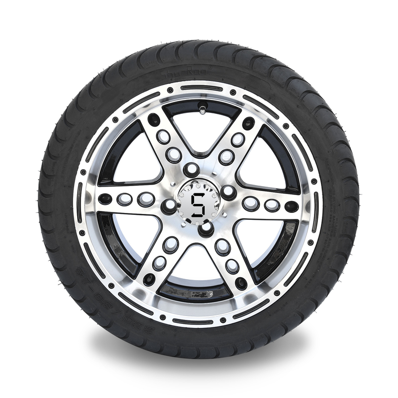 Wózek golfowy 14'' Obrabiane/Czarne aluminiowe felgi 6-ramienne i opony uliczne 225/30-14 w zestawie