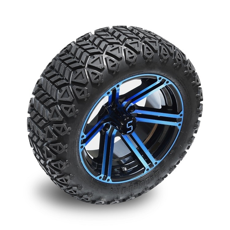 Golf Cart 14 Inch Blue/Glossy Black Wheels And 22 Inch High Off-Road Tires 4 PLY z DOT Approved
