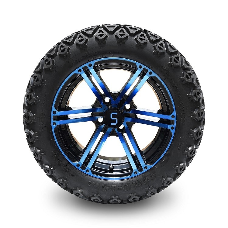 Golf Cart 14 Inch Blue/Glossy Black Wheels And 22 Inch High Off-Road Tires 4 PLY z DOT Approved