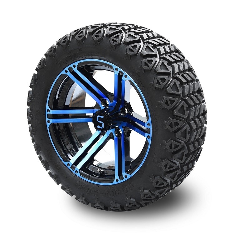 Golf Cart 14 Inch Blue/Glossy Black Wheels And 22 Inch High Off-Road Tires 4 PLY z DOT Approved