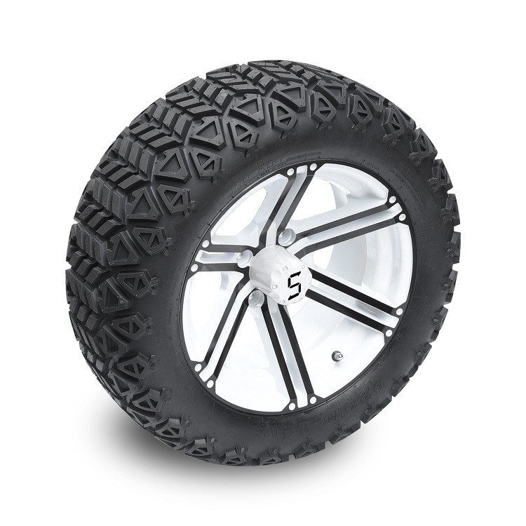 Wózek golfowy 14'' Czarne/Białe Felgi i Opony terenowe 22x10-14'', Nakrętki kół i Kołpaki w zestawie