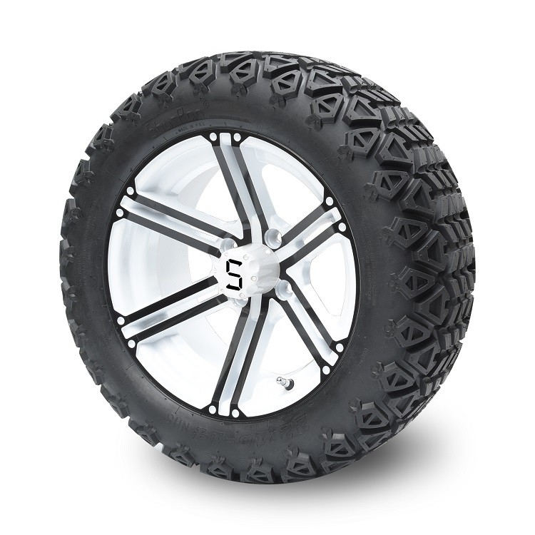 Wózek golfowy 14'' Czarne/Białe Felgi i Opony terenowe 22x10-14'', Nakrętki kół i Kołpaki w zestawie
