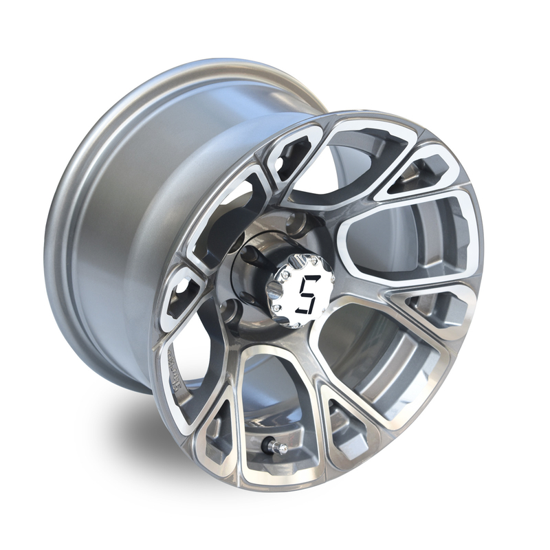 12-calowe felgi aluminiowe do wózków golfowych, obrabiane/gunmetal, z kołpakami, rozstaw śrub 4x4 (101,6 mm)