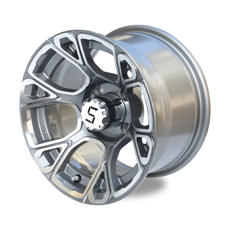 12-calowe felgi aluminiowe do wózków golfowych, obrabiane/gunmetal, z kołpakami, rozstaw śrub 4x4 (101,6 mm)