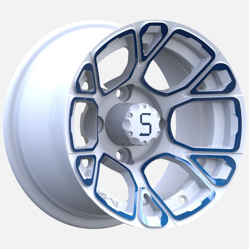 12-calowe felgi aluminiowe do wózka golfowego, niebiesko-białe, PCD 4/101.6, przesunięcie -25
